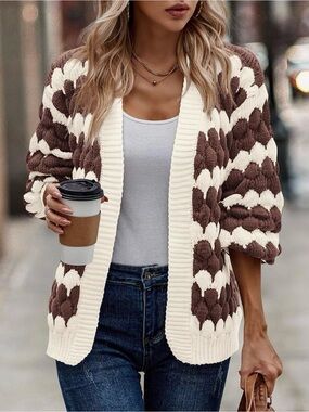 Brown and Cream chunky Knit Cardigan Sweater Bubble Sleeves